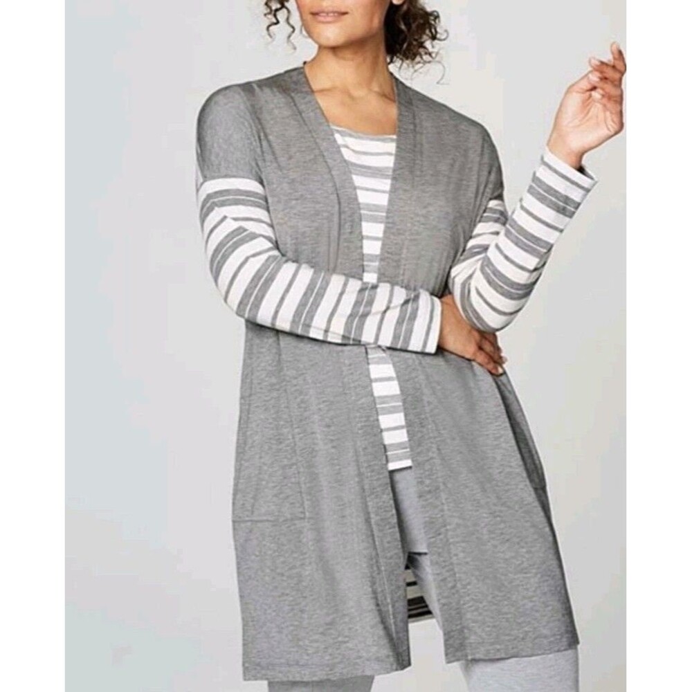 NWT J. JILL Pure Jill Getaway Striped Cardigan Duster Open Front Gray White Sz L